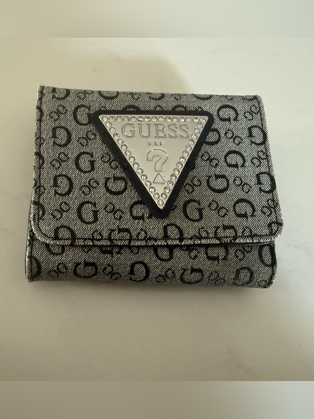 Guess Silver & Black Monogram Tri-Fold Wallet with Rhinestone Triangle